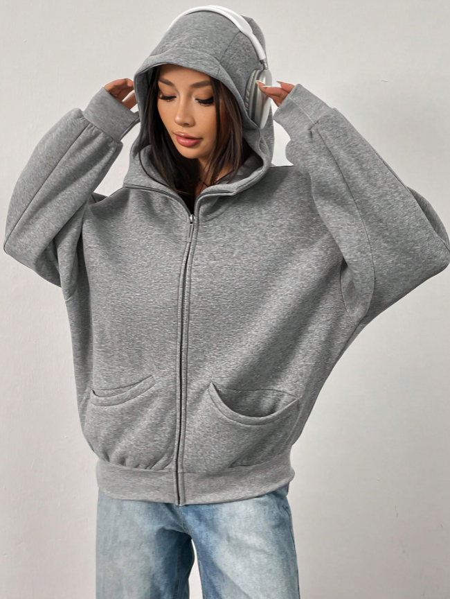 Women's Solid Color Zip-Front Hoodie with Drop Shoulders