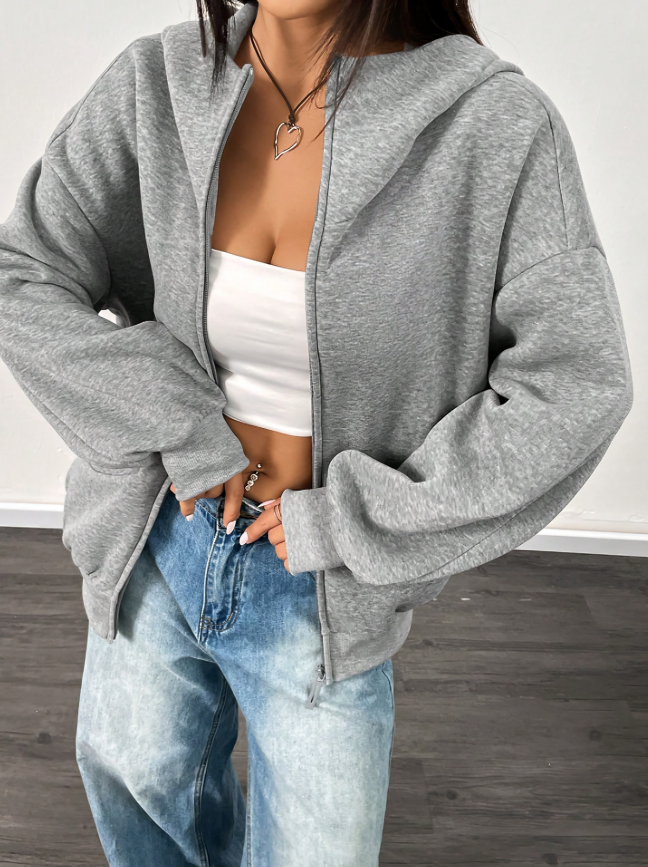 Women's Solid Color Zip-Front Hoodie with Drop Shoulders