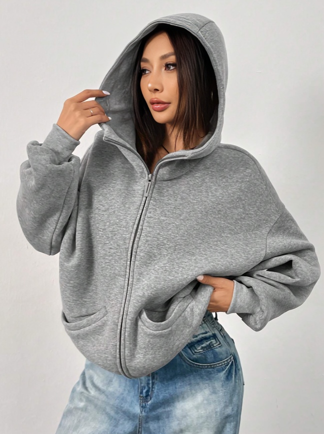 Women's Solid Color Zip-Front Hoodie with Drop Shoulders